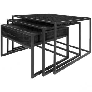 Salontafel Ruby Visgraat - Zwart Mangohout - Set van 3