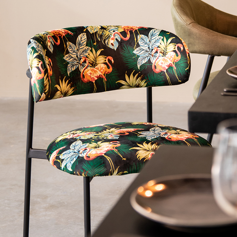 Eetkamerstoel Ferry - Zonder armleuning - Printed Flamingo - Fluweel - Design - LABEL51